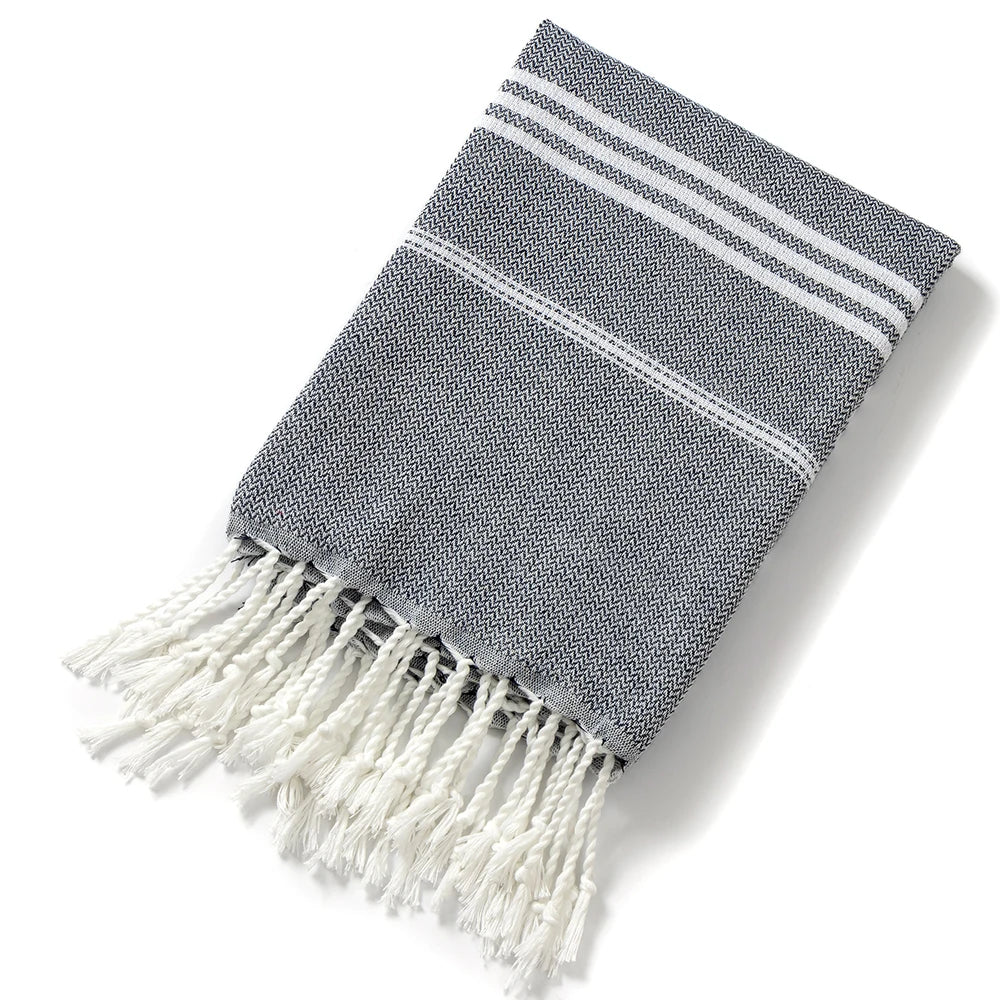 Serviette de plage turque en coton à franges, format 90 × 180 cm