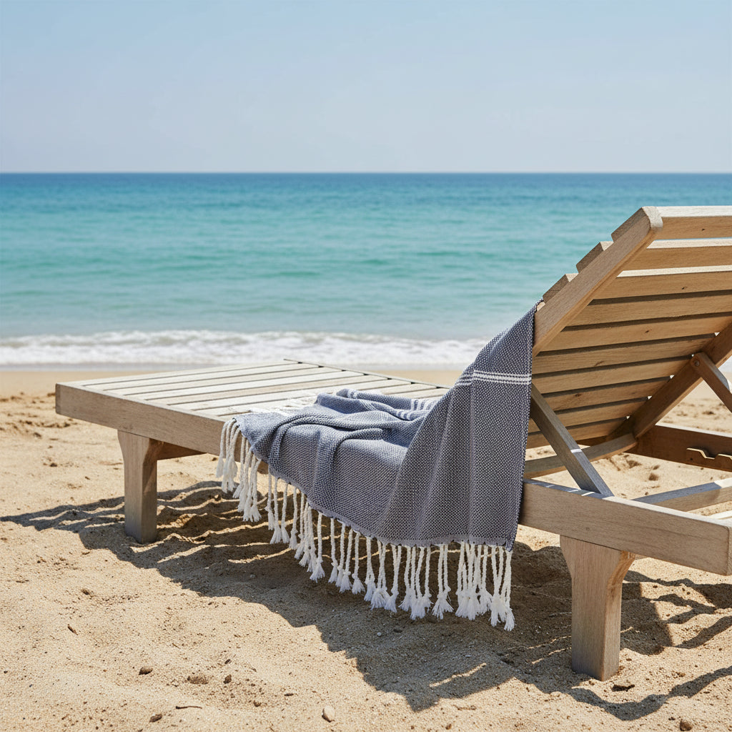 Serviette de plage turque en coton à franges, format 90 × 180 cm