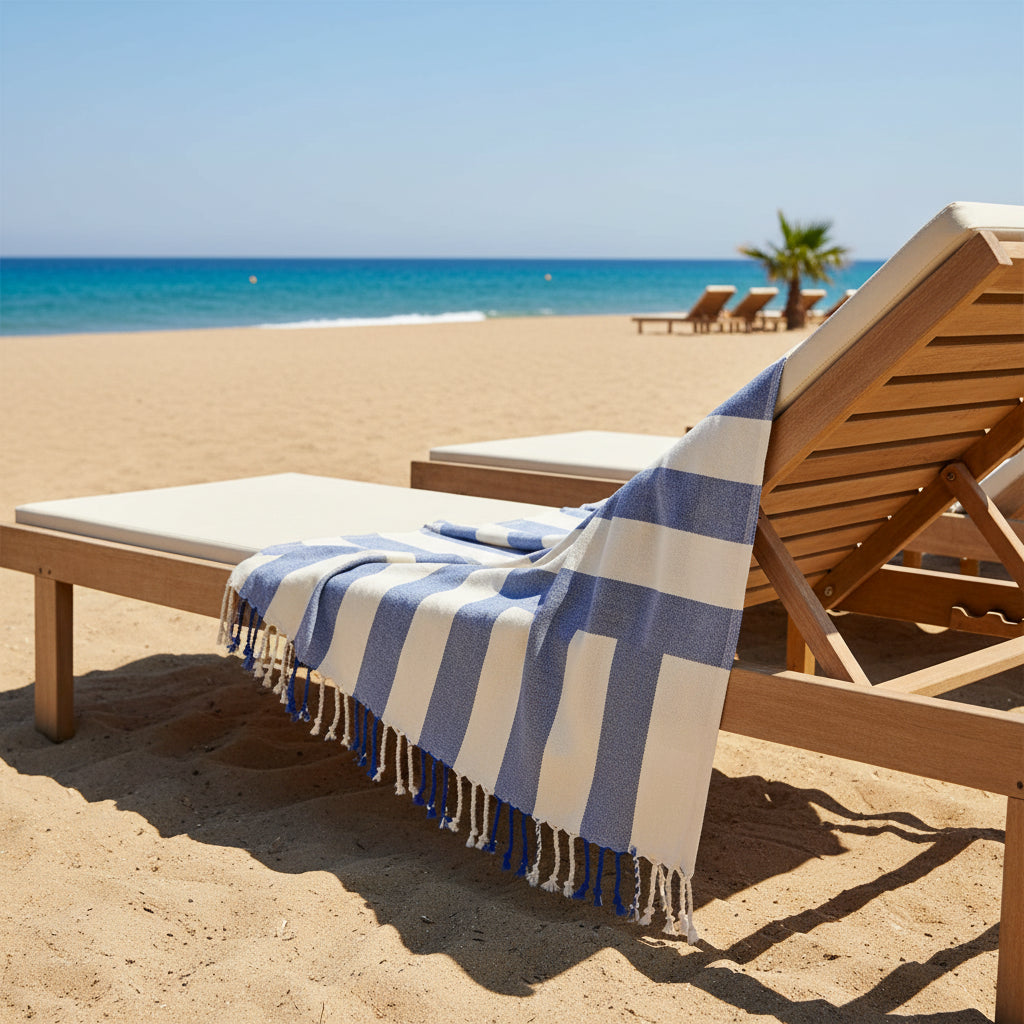 Serviette de plage en coton bleu à rayures