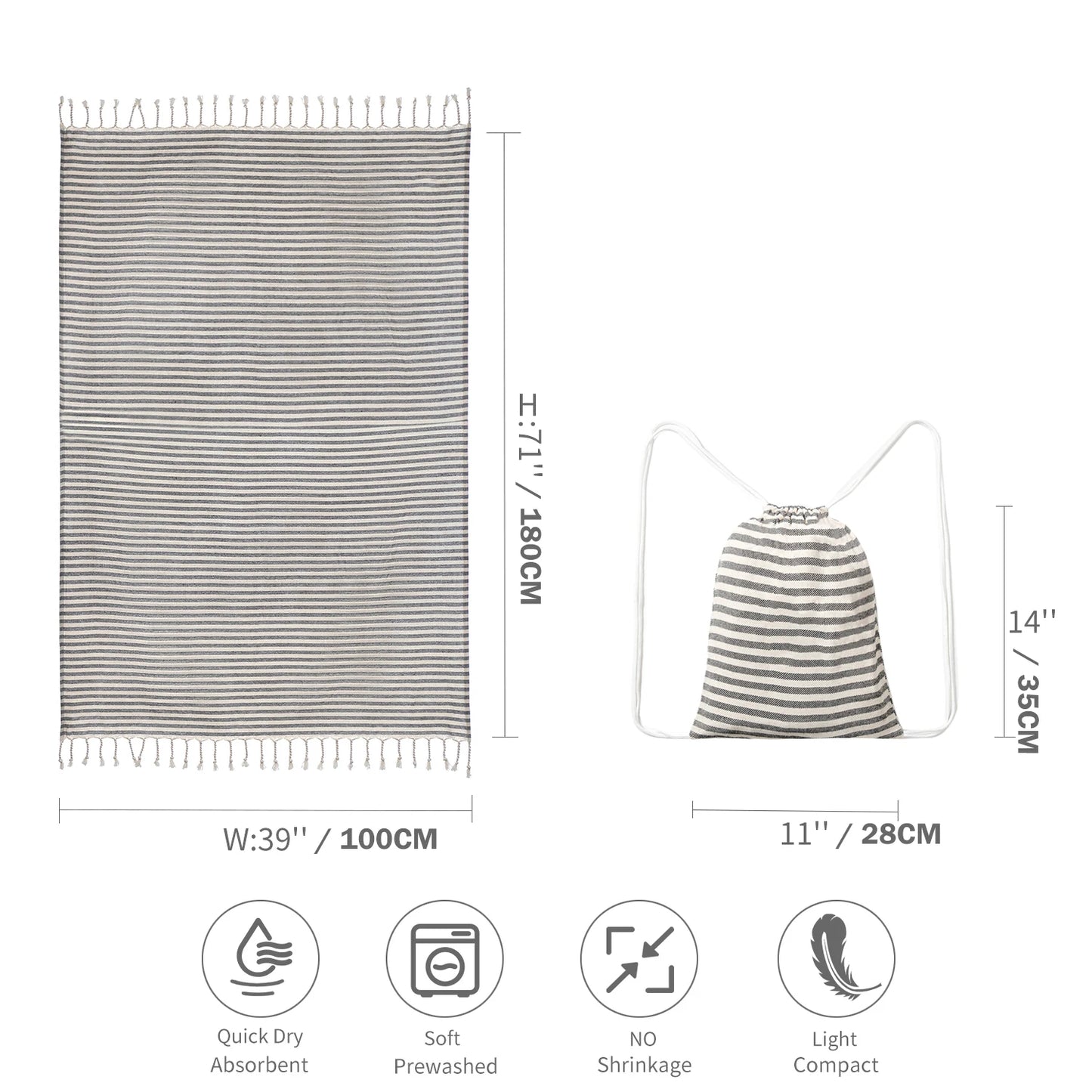 Serviette de plage rayée en coton avec franges, format 100 × 180 cm