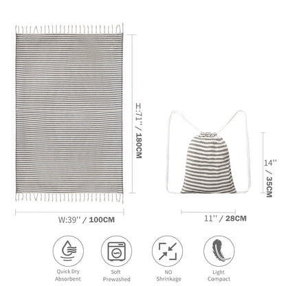 Serviette de plage rayée en coton avec franges, format 100 × 180 cm
