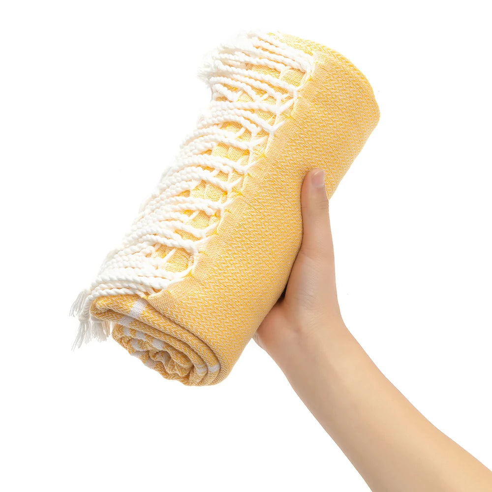 Serviette de plage turque en coton à franges, format 90 × 180 cm
