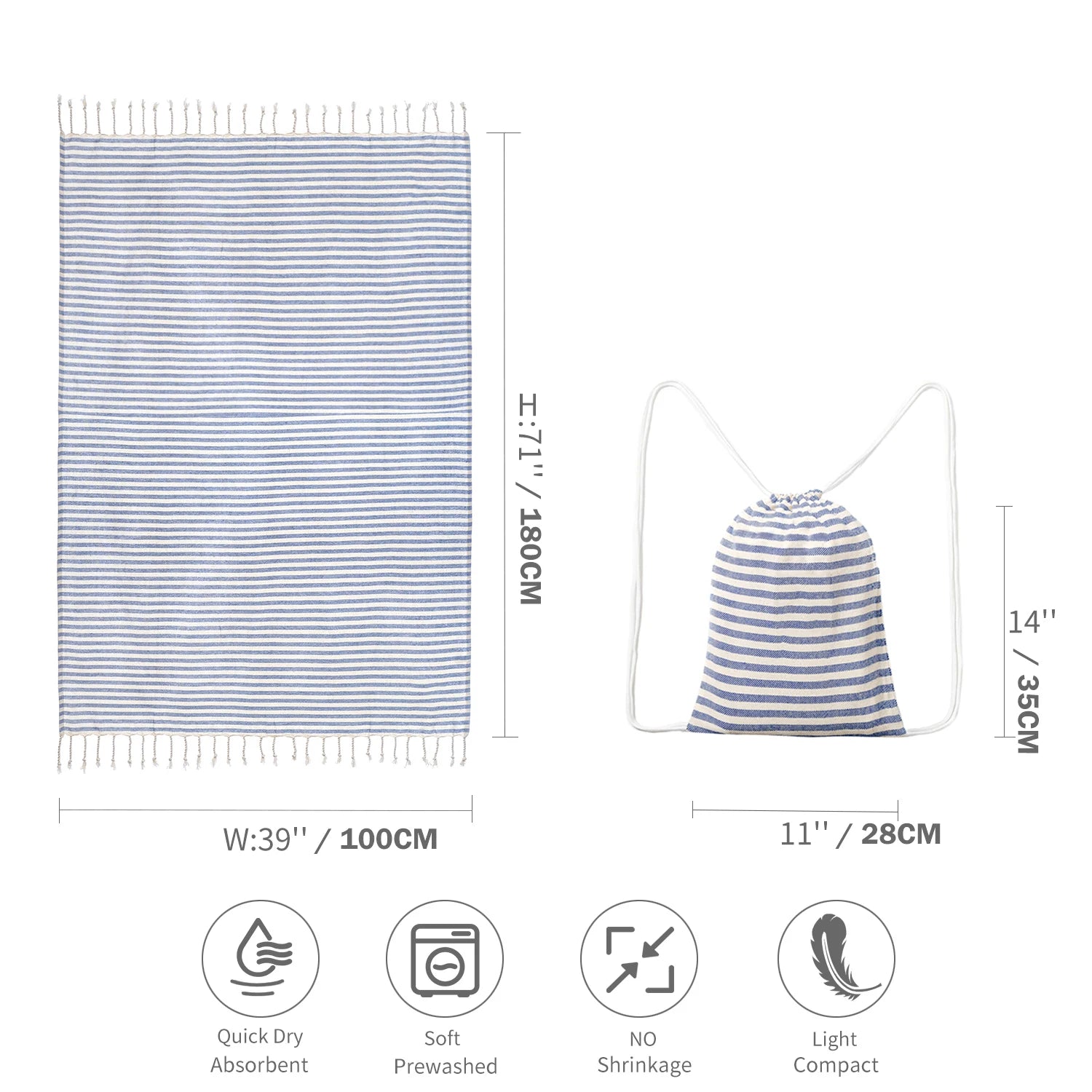 Serviette de plage rayée en coton avec franges, format 100 × 180 cm