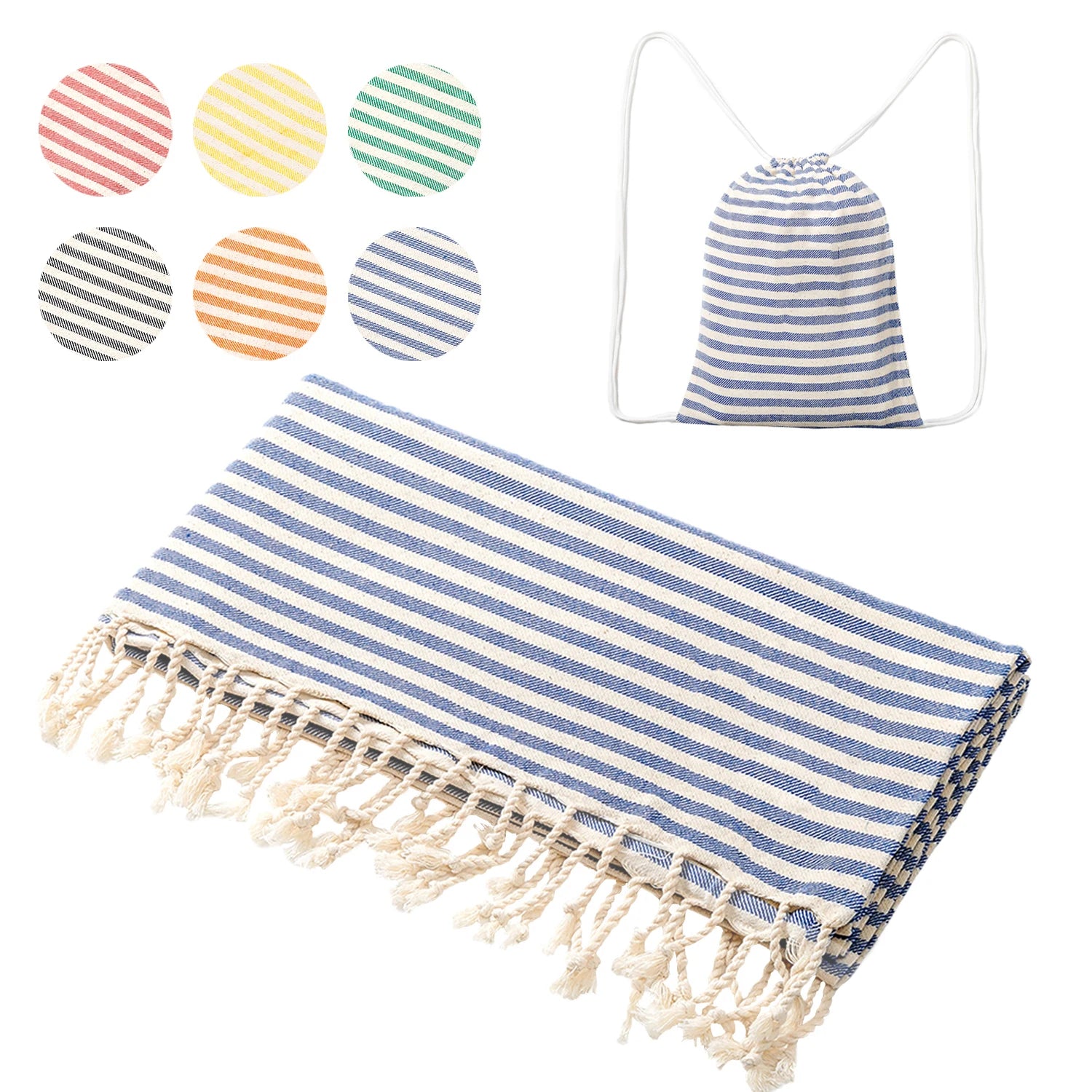 Serviette de plage rayée en coton avec franges, format 100 × 180 cm