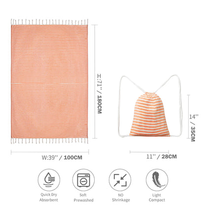Serviette de plage rayée en coton avec franges, format 100 × 180 cm