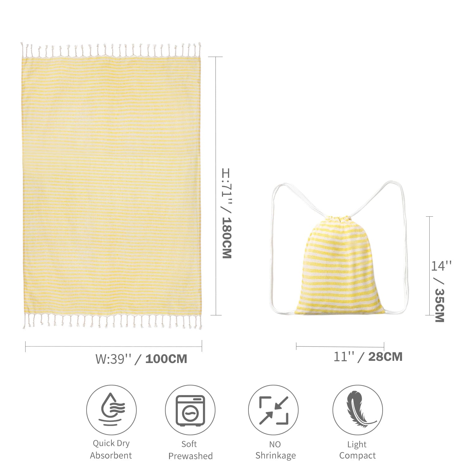 Serviette de plage rayée en coton avec franges, format 100 × 180 cm