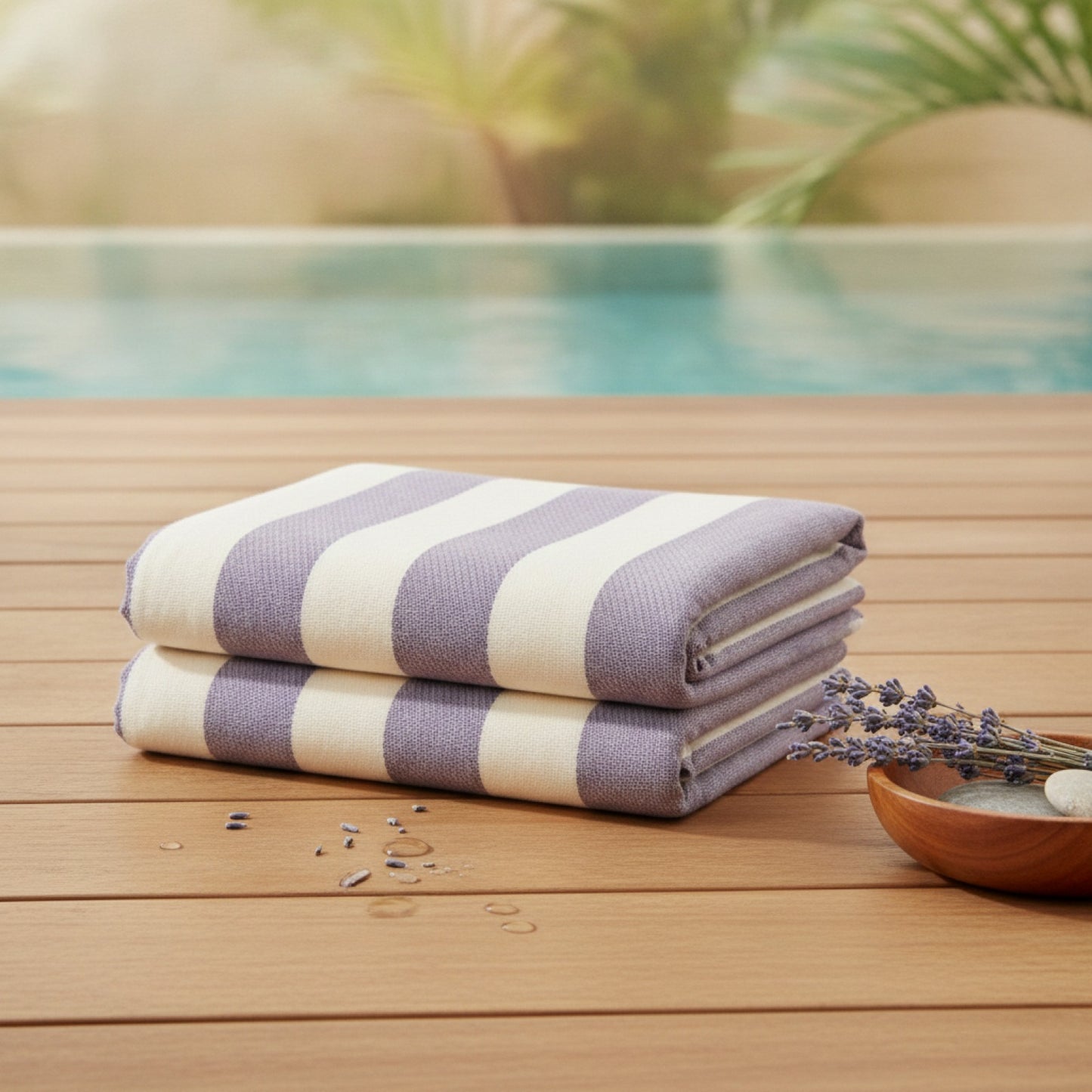 Grande serviette de plage en coton pliée au bord de la piscine