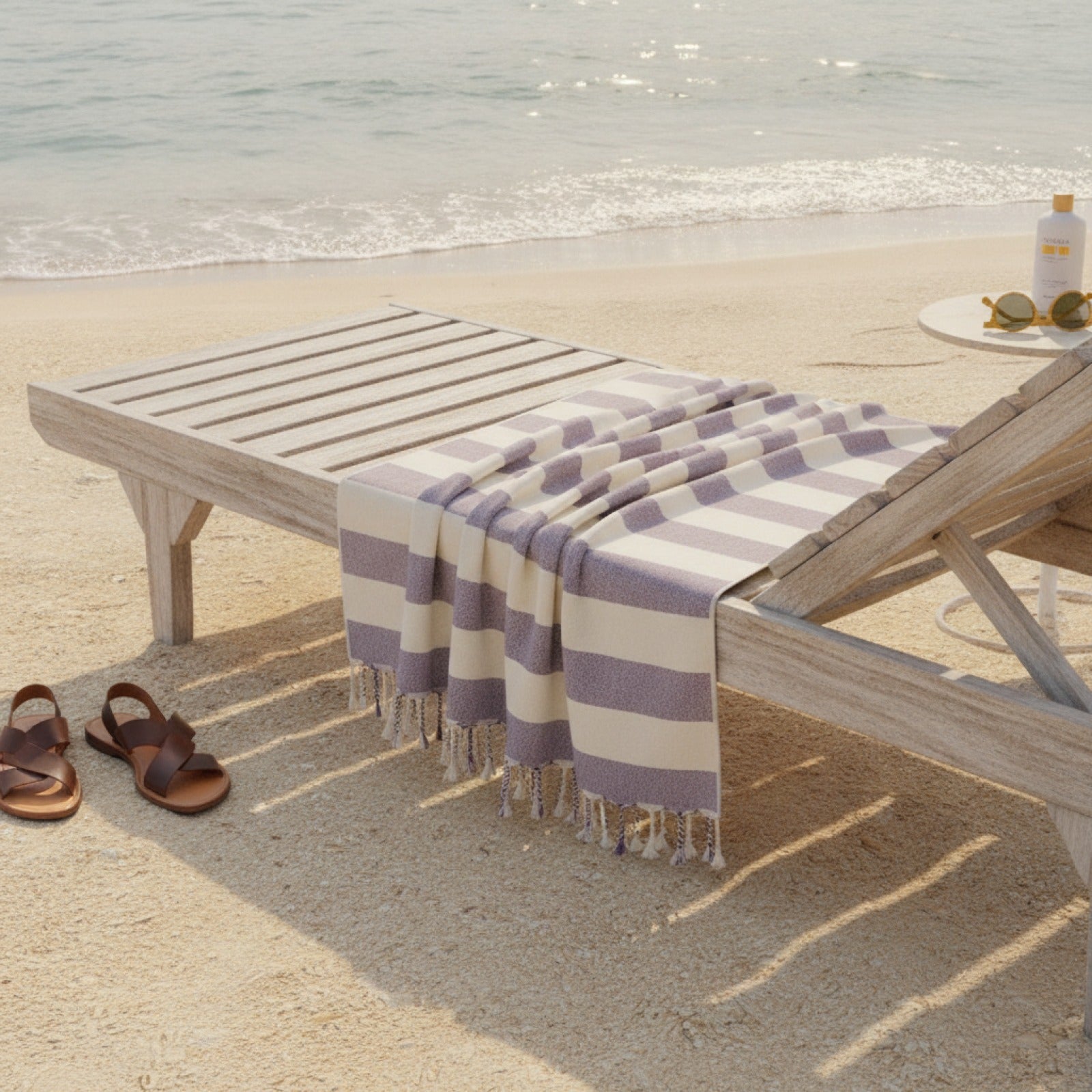 Grande serviette de plage en coton sur une chaise longue